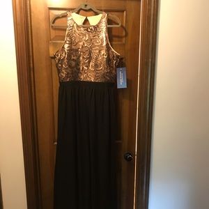 Formal bronze and black floor length gown